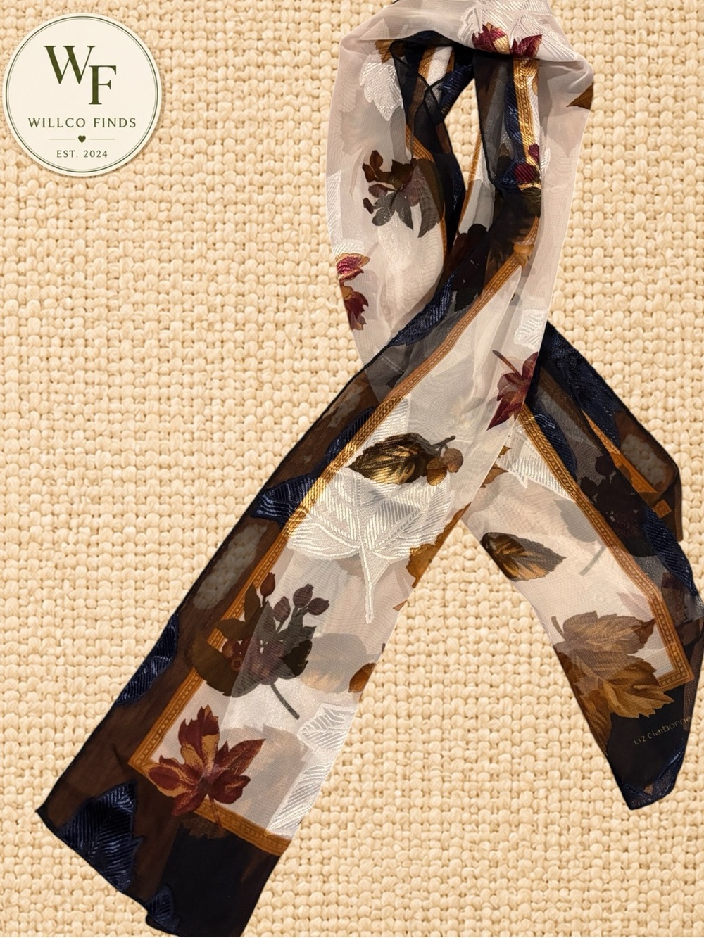 Liz Claiborne Sheer Fall Leaf Scarf Brown Navy Gold 53x10